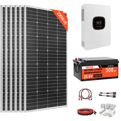 VEVOR 1200W Complete Zonne-energiesysteem Kit, Off-grid zonne-energiesysteem inclusief 6 x 200W Mono zonnepanelen, 25,6V 300Ah LiFePO4-accu en 24V 3000W omvormer, fotovoltaïsch off-grid systeem voor kas en woning