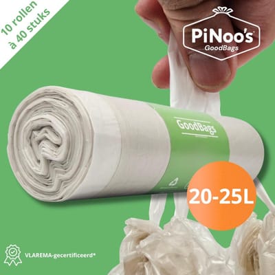 PiNoo’s® GoodBags Vuilniszakken 20-25 Liter | 10 rollen à 40 zakken - Trekband | 100% Gerecycled LDPE-plastic | 27 My | 54×55 cm - Geschikt voor Brabantia Vuilniszakken J, Geschikt voor Brabantia en EKO - 20-25 liter (05405501327D)