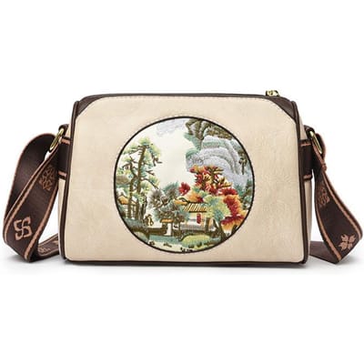 Nouveau Sac à Bandoulière Littéraire et Artistique Broderie Rétro Ligne Peinture de Paysage Sac Mère pour Téléphone Portable Sac à Bandoulière Tendance Multicouche beige