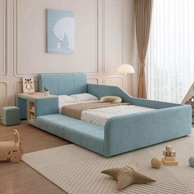 MODFU – Eenpersoonsbed met Bureau en Hocker – 90x200 cm – Zacht Fluweel – Modern voor Kinderkamer – Blauw