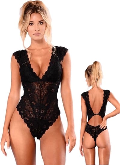 Erotische Body I Lingerie Body Kostuum I Sexy Erotisch Ondergoed I Gebloemde Kant Patroon I Maat L Zwart