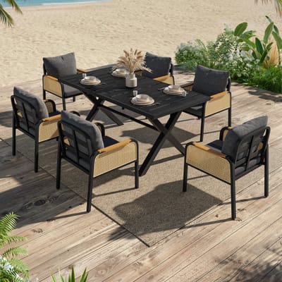 Intebiki tuinset - tuin loungeset -dining loungeset - Inclusief een eettafel en zes fauteuils - Moderne, casual buitenset - Geschikt voor terrassen, balkons en tuinen - Gemaakt van PE-rotan - Zwart