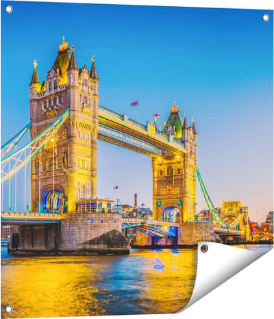 Gards Tuinposter Tower Bridge in Londen met Verlichting - 70x70 cm - Tuindoek - Tuindecoratie - Wanddecoratie buiten - Tuinschilderij
