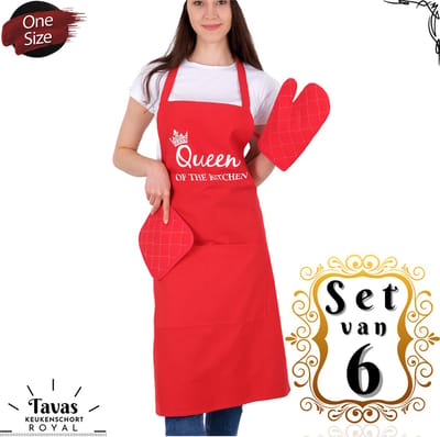 Set van 6 Rood | 65x95 cm | King & Queen of the Kitchen | 2 Keukenschorten - 2 Ovenwanten - 2 Pannenlappen | Kookschort met zakken | Keukenschort dames | Keukenschort voor vrouwen | Keukenschort voor mannen | cadeutje- met Cadeaubox | Kook- BBQ