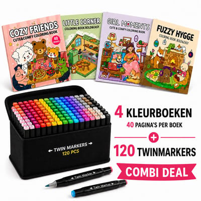 Twinmarkers - 120 STUKS - Alcohol markers - Dubbelzijdige Stiften - Markeerstiften - INC KLEURBOEKJES - Combi deal - Cozy Coloring Book - Fuzzy Hygge - alcoholstiften - Kleuren voor kinderen en volwassenen - Hobby & Professionele Set