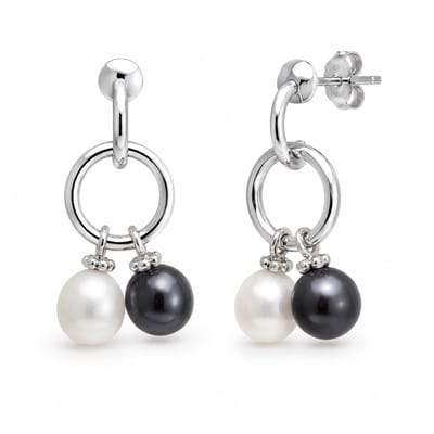 Mbrace Zilveren oorhangers met witte en donkere parel – dames oorbellen met dubbele parelhanger – elegante oorstekers met ringdetail – stijlvol en modern sieraad