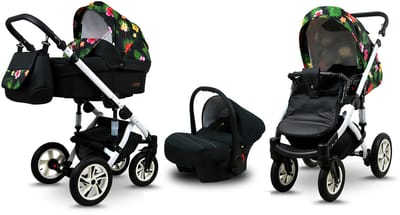 BabyLux® Kinderwagen 3in1 – SKY LARK - Paradise Flowers WHITE FRAME - Opklapbare Wandelwagen incl. Reiswieg, Multifunctionele Buggy Sportstoel, Autostoel - Combi-kinderwagen met Luiertas, Regenhoes, Klamboe, Bekerhouder, etc.