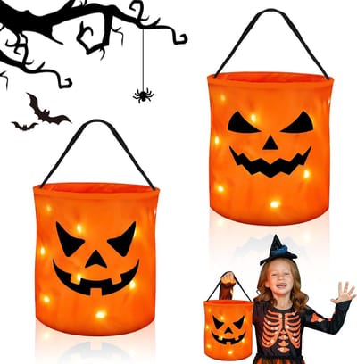 Halloween snoep-emmer voor kinderen met licht, pompoenemmer voor trick or treat, ideale halloweentas voor feestjes en snoepverzameling