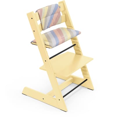Stokke Tripp Trapp bundel Lemon Yellow | Babyset Lemon Yellow | Newborn Vanilla White/ Beige | Tray Vanilla White | Kussenset Pastel Stripes