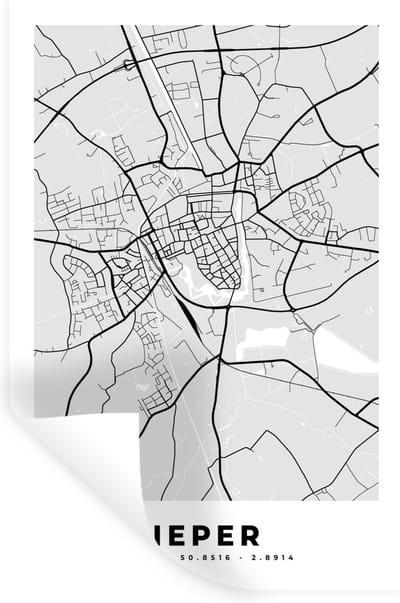 Muurstickers - Sticker Folie - Plattegrond – Ieper – Zwart Wit – Stadskaart - Kaart - 20x30 cm - Plakfolie - Muurstickers Kinderkamer - Zelfklevend Behang - Zelfklevend behangpapier - Stickerfolie