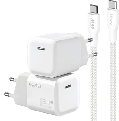 GaN usb C snellader 30w met usb C naar usb C kabel 1 meter - Gevlochten Wit