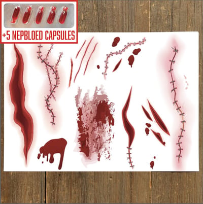 GetGlitterBaby® - Tattoo + Nep Bloed Capsules / Halloween Horror Decoratie Versiering Wonden / Carnaval Schmink Make Up Plak Tattoos / Tijdelijke Tattoo / Nep Tatoeage + Vloeibaar Dik Rood Bloed / Nepbloed / Nep Wond / Fake Kunst Blood - 5 Capsules
