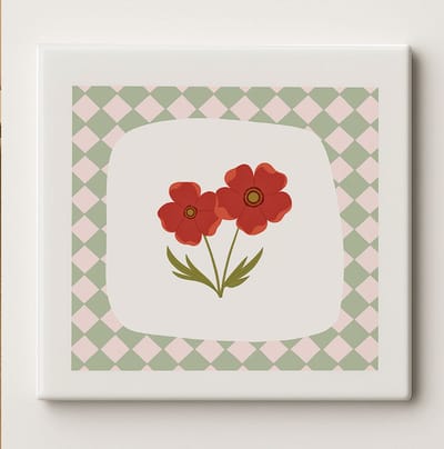 Vintage Bloementegel – 15x15cm Retro Rode Bloem Keramische Tegel voor Keuken, Woonkamer & Wanddecoratie