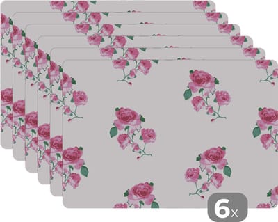 Placemat - Placemats kunststof - Rozen - Patronen - Bloemen - 45x30 cm - 6 stuks - Hittebestendig - Anti-Slip - Onderlegger - Afneembaar