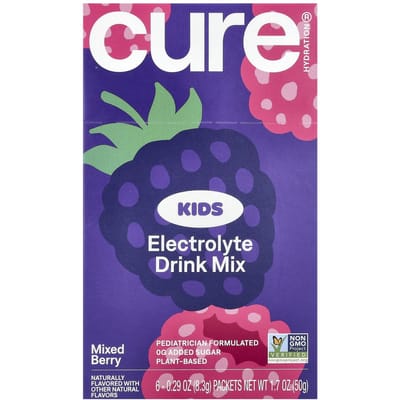 Cure Hydration, Enfants, Mélange de boisson électrolytique, Baies mélangées, Pack de 6, 0,29 oz (8,3 g) Chaque