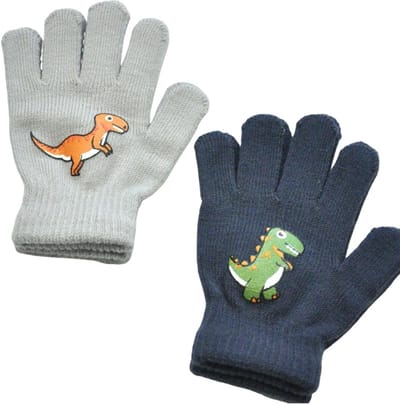 Knitted Dinosaur Handschoenen voor Kinderen, Winter Thermische Handschoenen, Rekbare Warme Dierenhandschoenen met Grip, Zwart en Grijs, One Size