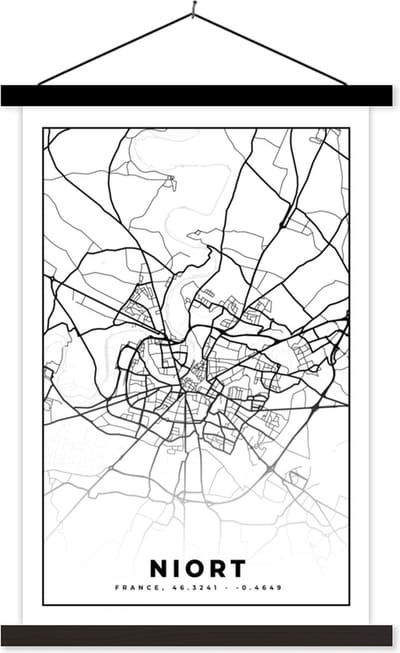 Posterhanger incl. Poster 40x60 cm - Schoolplaat - Niort - Stadskaart - Plattegrond - Kaart - Frankrijk - Zwart wit - Textielposter - Zwarte latten - Stadskaart