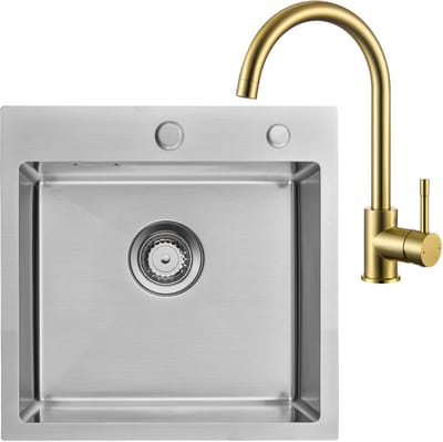 Auralum max Spoelbak RVS 45x45 cm - Spoelbakken Keuken Met Goud Keukenkraan - Wasbak Keuken - Met Kraangat - incl. Afvoerzeefje en Sifon