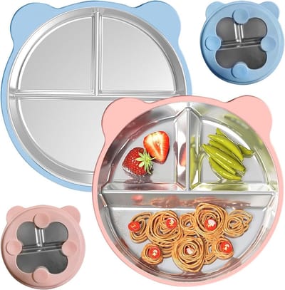 Bordjes voor Baby's met Zuignap en Afneembare Siliconen Deksel - BPA-vrije Kinderen Bordjes in Roze en Lichtblauw, Perfect voor Eten en Spelen