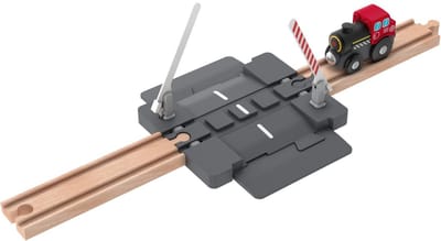 Trein - Houten treinbaan - Uitbreidingsset - Mechanische spoorwegovergang - 5-delig - Automatisch sluitende slagbomen bij een naderende trein - Incl. 2 houten sporen en locomotief - VI Online Products
