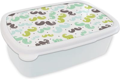 Broodtrommel Wit - Lunchbox - Brooddoos - Patronen - Snor - Kleuren - Jongens - Kinderen - Kids - Jongetje - 18x12x6 cm - Volwassenen
