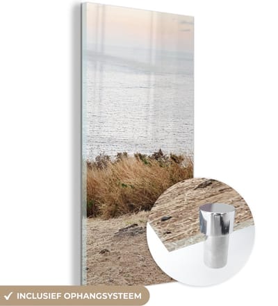 MuchoWow® Glasschilderij 60x120 cm - Schilderij acrylglas - Duin - Gras - Planten - Zomer - Foto op glas - Schilderijen