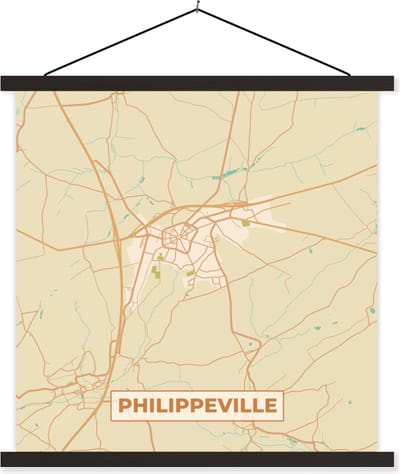 Posterhanger incl. Poster 60x60 cm - Schoolplaat - Stadskaart - Vintage - Philippeville - Kaart - Plattegrond - Textielposter - Zwarte latten - Stadskaart