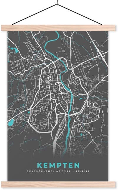 Posterhanger incl. Poster 40x60 cm - Schoolplaat - Kempten – Stadskaart – Blauw – Plattegrond – Stadskaart – Kaart - Duitsland - Textielposter - Blanke latten - Stadskaart
