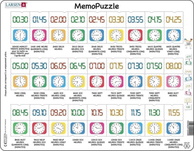 Larsen Apprendre l’Heure – Puzzle Mémo – Horloge – Lecture de l’Heure – Puzzle éducatif pour enfants – 54 pièces – Fabriqué en Norvège – Pièces extra épaisses de 2,5 mm – Plateau avec bord fixe