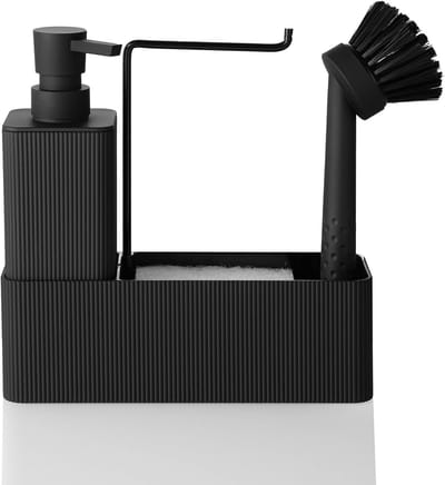 Famanu – Keuken Zwart Afwasmiddeldispenser met Zeepdispenser, Afwasborstel, Spons, Spoeldoekhouder, Zeepdispenser Keukenset, Spoelbakorganizer Smal voor Keuken en Badkamer (Zwart)