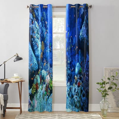 Moderne raamgordijnen voor woonkamer Blauwe oceaan Koraal Kleine vissen Gordijnen voor kinderslaapkamer Keukendecoratie Jaloezieën Draperieën 135W x 60H(cm) x1