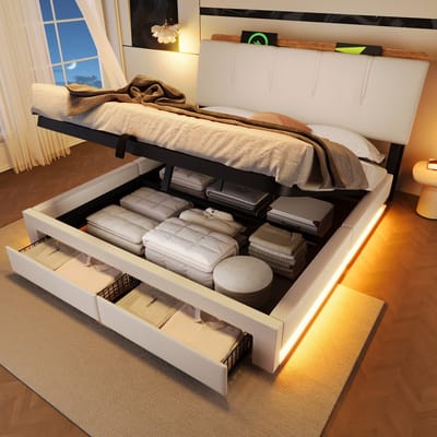 Gestoffeerd bed 140x200 cm - met USB Type-C oplaadfunctie - met opbergruimte en LED-verlichting - beige - zonder matras