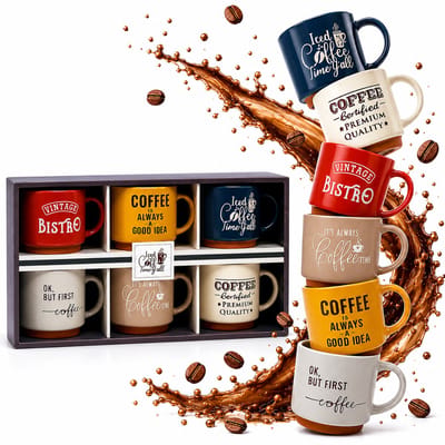 EasyMart Koffiemokken Set 6 Stuks – Keramische Bekers 260 ml – Vaatwasserbestendig – Vintage Koffiekopjes voor Koffie, Cappuccino en Thee – Cadeauset – Multicolor