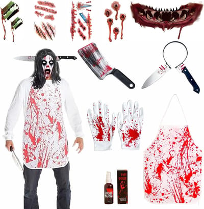 Halloween kostuum voor vampiers en zombies met schort, handschoenen, tatoeages en slagersmes voor themafeesten en carnaval