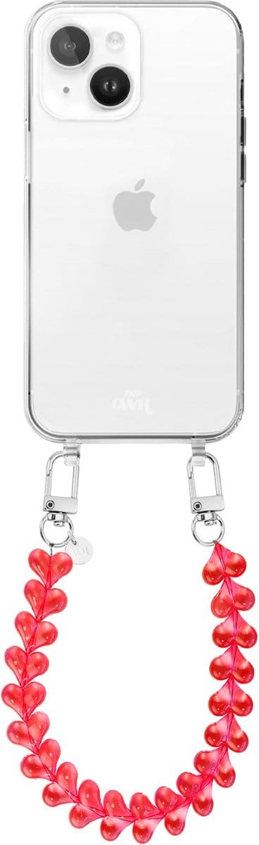 xoxo Wildhearts siliconen hoesje - Geschikt voor iPhone 15 Plus hoesje - Funky Hearts - Telefoonhoesje - Hoesje met koord - Transparant rood koord - kort telefoonkoord - Hartjes ketting - Transparant hoesje