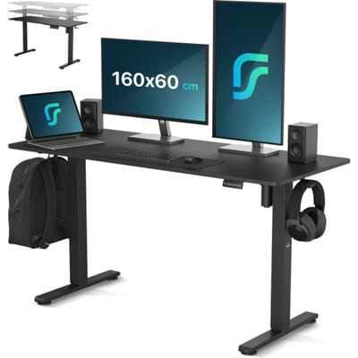 Flowsense Zit Sta Bureau - Verstelbaar Elektrisch Game Bureau - Incl. Headsethouder en Kabelgoot - 160 x 60 cm - Zwart
