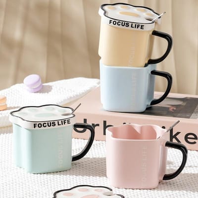 Kattenklauwen met Deksel Lepel Keramische Kop Dopamine Meisjes Kantoor Ontbijt Melkkop Leuke Mok Hoge Waarde Waterkop 400ML white