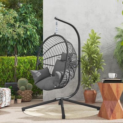 Pugsdrly Outdoor hangstoel, incl. kussens, Egg-Chair, 120 cm x 106 cm x 188 cm, grijs