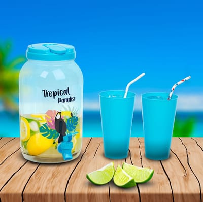 Limonadedispenser met Kraantje en 4 bekers - Drankdispenser 3,8 Liter - Kunststof - Waterdispenser - Dispenser - BLAUW - Tropicaldesign