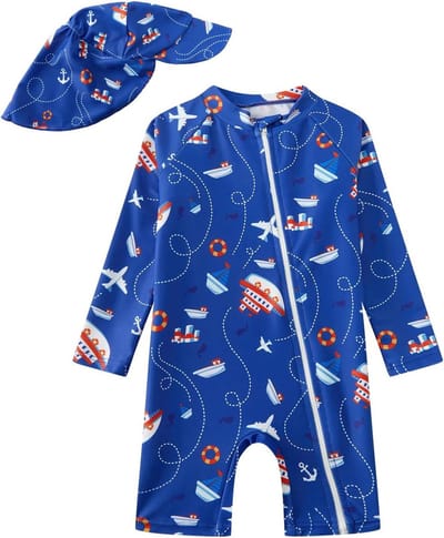 Zwemkleding Baby Jongens - Zonnebescherming Pakje - Bescherming Tegen Zon - Met Zon Hoedje - Één Stuk - Blauw