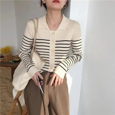 Polo Hals Gestreept Gebreid Vest Dames Herfst en Winter Lange Mouw Gebreide Warme Jas Trui XL beige