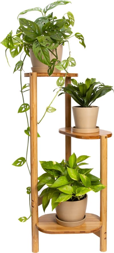 QUVIO Plantenrek - Plantenstandaard - Plantentafel - Plantenrekken - Plantentrap - Plantentafeltje voor binnen - Planten rek - Bloemenrek - Planten etagere - Plantenzuil - Met 3 lagen -Bamboe - Bruin