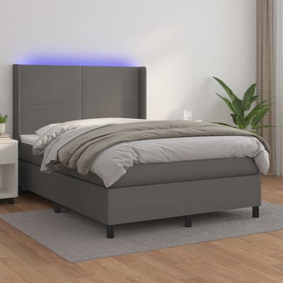 vidaXL - Boxspring - met - matras - en - LED - kunstleer - grijs - 140x190 - cm