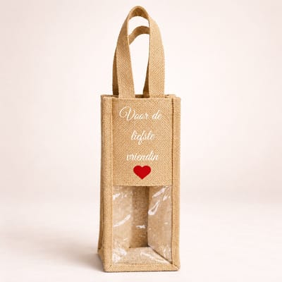 Jute Wijntas – Voor de Liefste Vriendin – Cadeautas voor Wijnfles – Herbruikbaar – Origineel Cadeau