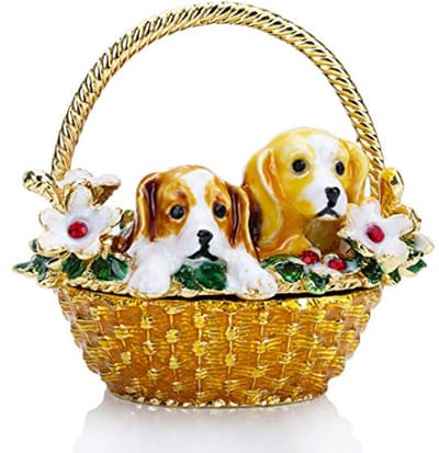 Puppy Bloem Mand Snuisterij Doos met Scharnierende Steentjes