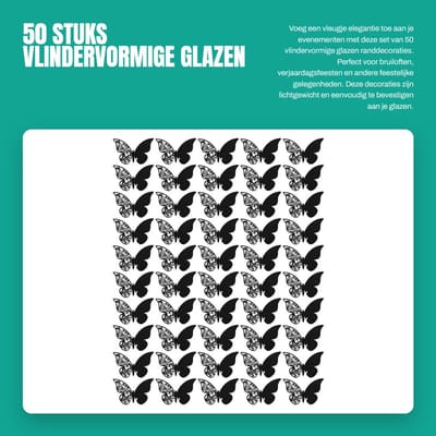 Dailygoods- Randdecoraties 50 Stuks - Vlindervormig - Zwart - Lichtgewicht - Herbruikbaar - 11x7 cm - Glasdecoratie