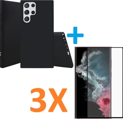 Silicone hoesje zwart met 3 Pack Tempered glas Screen Protector Geschikt voor: Samsung Galaxy S22 Ultra