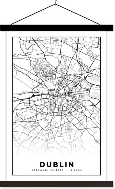 Posterhanger incl. Poster 40x60 cm - Schoolplaat - Dublin - Stadskaart - Zwart Wit - Plattegrond - Kaart - Textielposter - Zwarte latten - Stadskaart