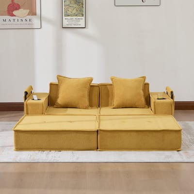 MODFU 2-Zits Bank - Met Zijvakken En 2 Kussens - Scandinavisch - Voor Leeshoek - Chenille - Mosterdgeel - 162 x 78 x 66 cm