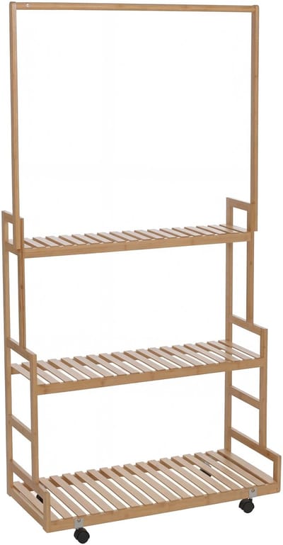 Bamboe plantenrek MCW-Q33, bloementrap, plantentrap, staander met 3 planken en wieltjes, 175x93x38 cm ~ naturel